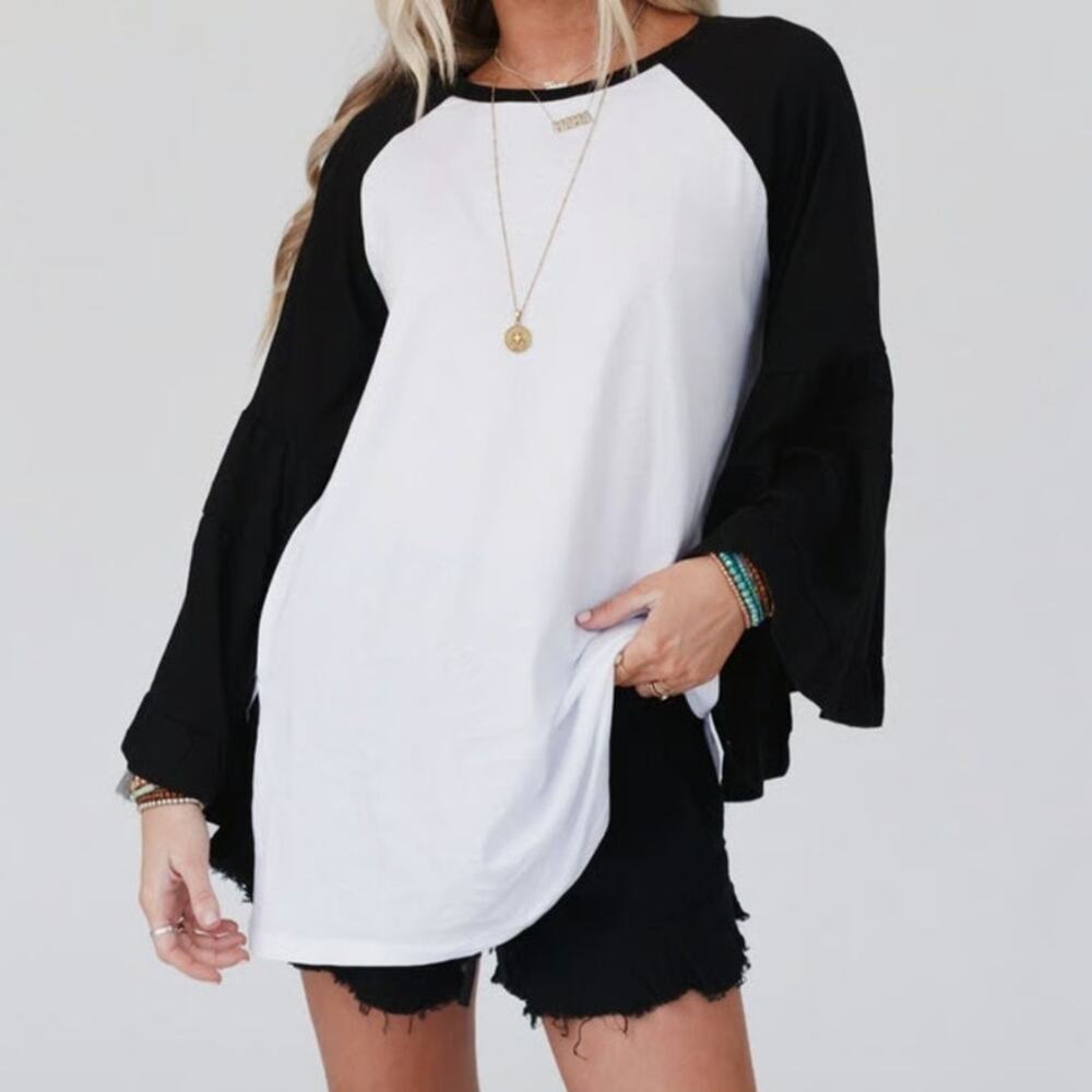 Threebirdnest Bell Sleeve Baseball Tee NEW long fit black white tunic boho modal